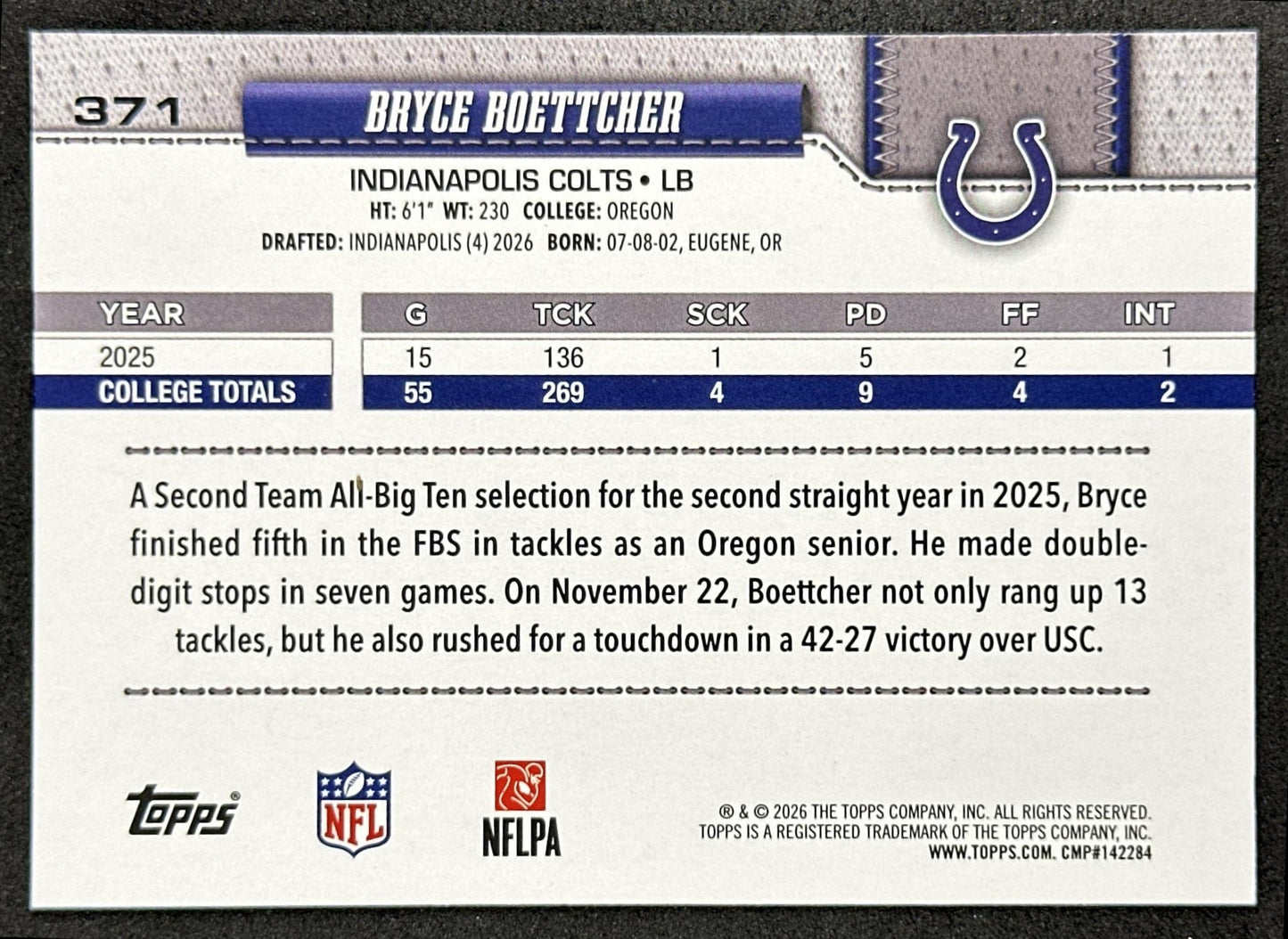 Bryce Boettcher 2026 Topps Flagship Rookie Colts Sports Trading Cards