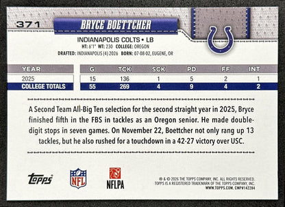 Bryce Boettcher 2026 Topps Flagship Rookie Colts Sports Trading Cards