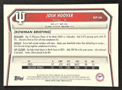 Josh Hoover 2026 Bowman Chrome Prospects Mojo Refractor Hoosiers
