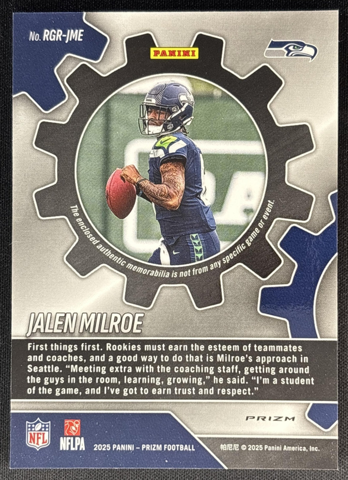 Jalen Milroe 2025 Panini Prizm Rookie Gear Neon Green Pulsar Seahawks
