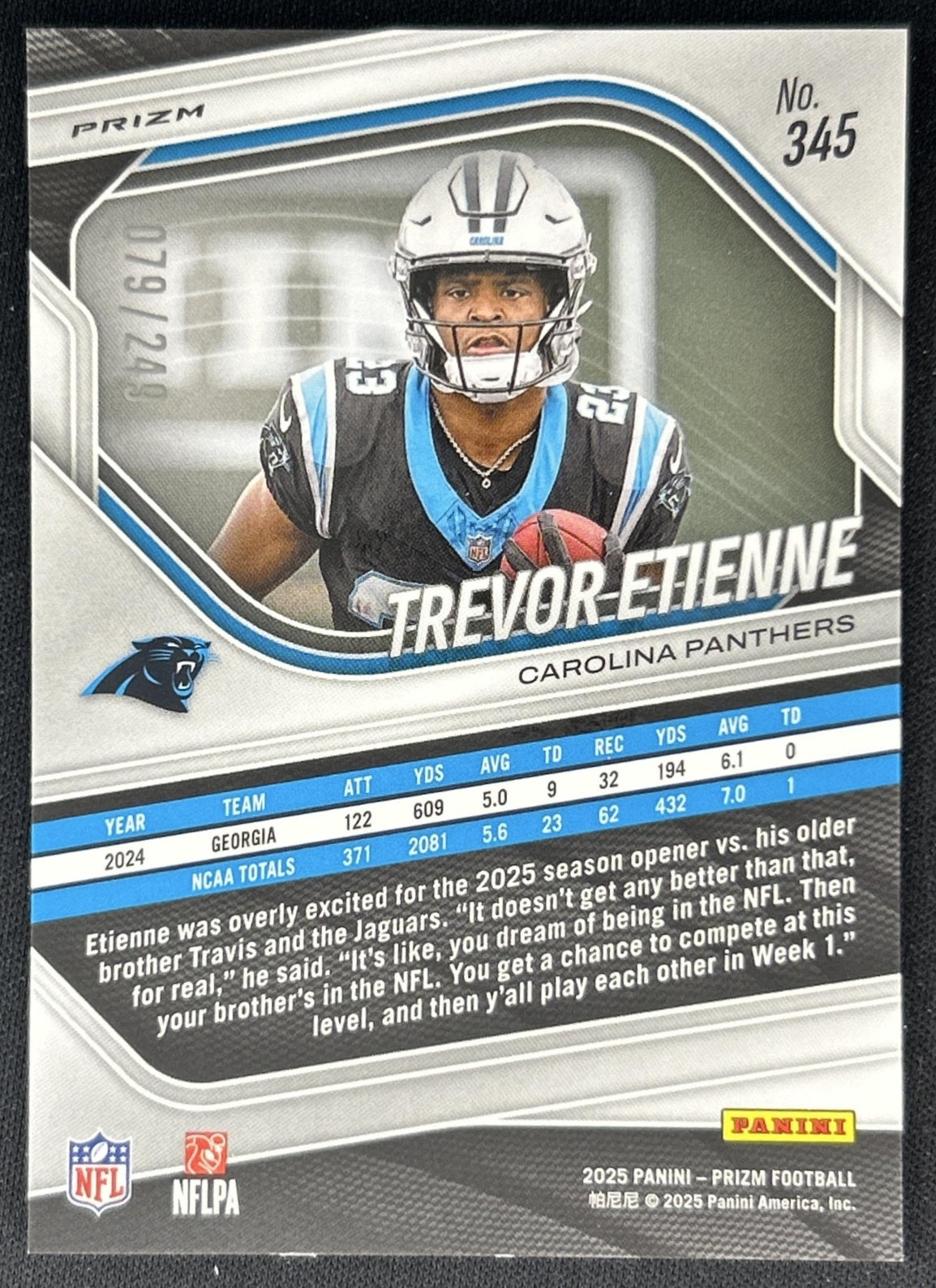 Trevor Etienne 2025 Panini Prizm Orange /249 Panthers back
