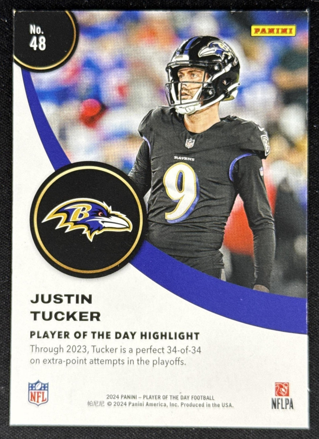 Justin Tucker 2024 Panini Player of the Day Ravens Baltimore Ravens Sports Trading Card