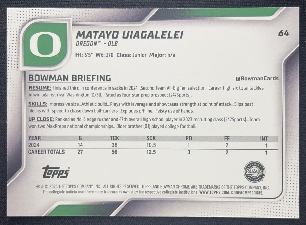 Matayo Uiagalelei 2025 Bowman Chrome University Prospects Green Refractor /99 Ducks