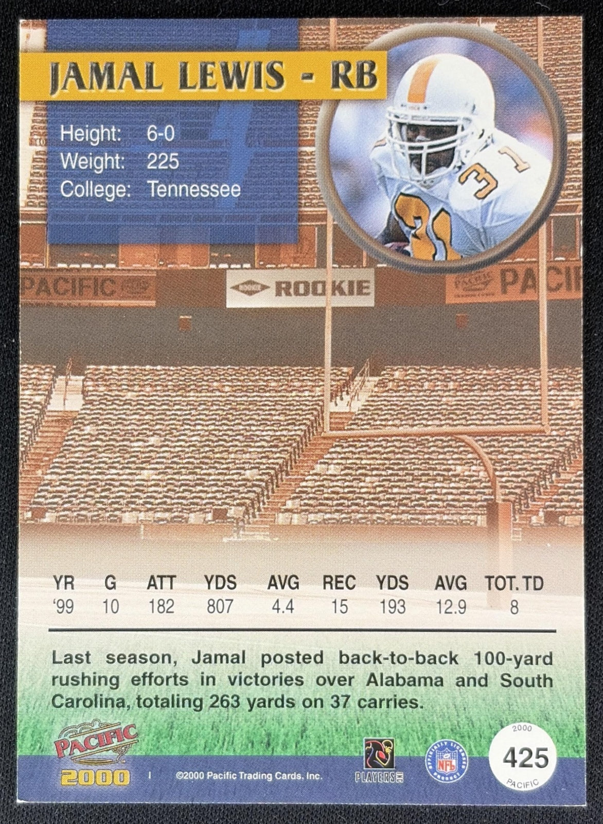 Jamal Lewis 2000 Pacific Draft Picks /999 Volunteers back