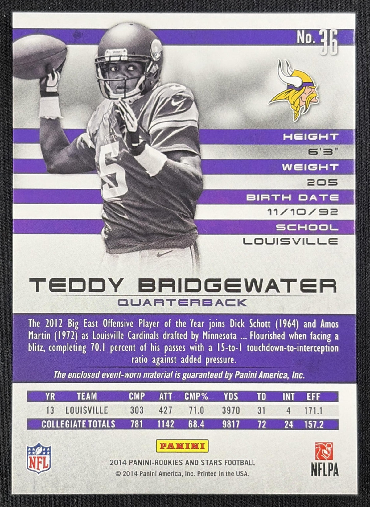 Teddy Bridgewater 2014 Panini Rookies & Stars Rookie Materials Longevity /299 Vikings
