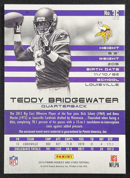 Teddy Bridgewater 2014 Panini Rookies & Stars Rookie Materials Longevity /299 Vikings