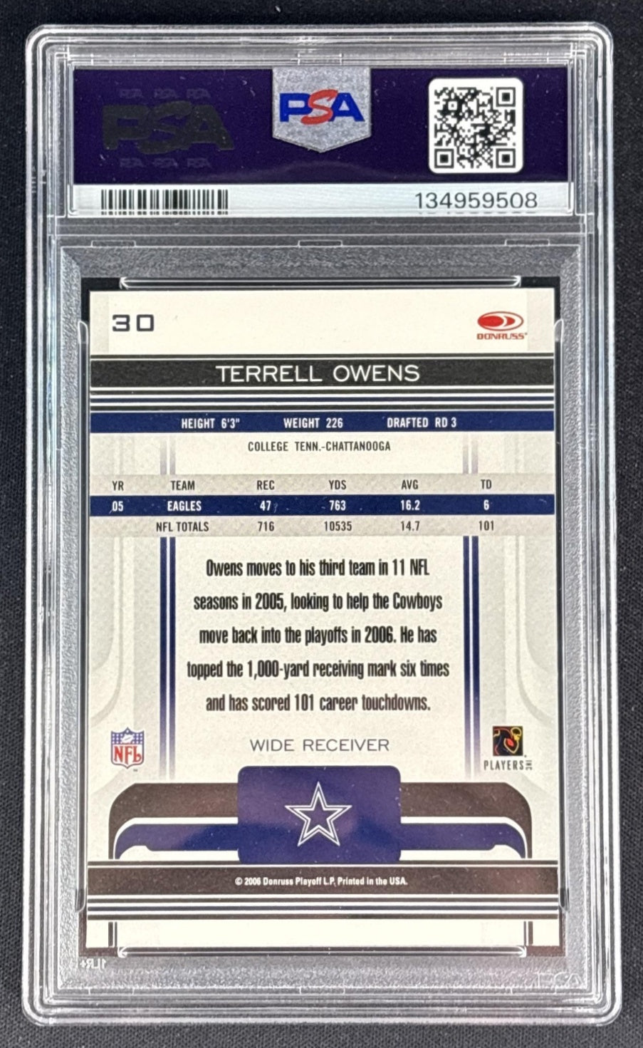 Terrell Owens 2006 Donruss Gridiron Gear PSA 10 Cowboys Back