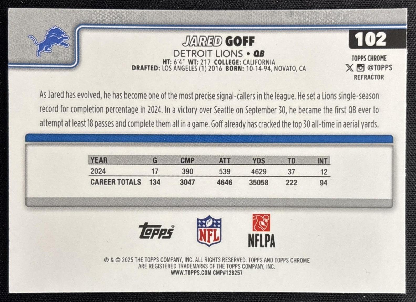 Jared Goff 2025 Topps Chrome Refractor Lions Sports Trading Cards