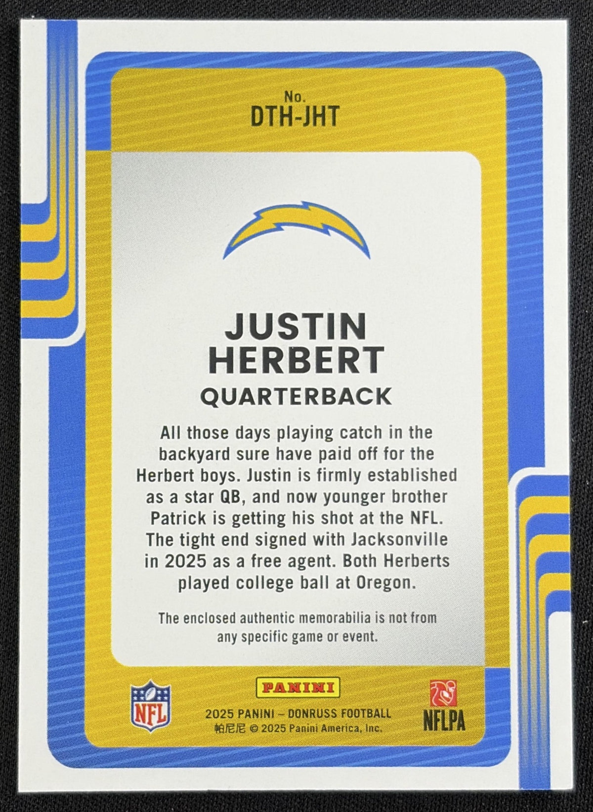 Justin Herbert 2025 Panini Donruss Threads Chargers - Back