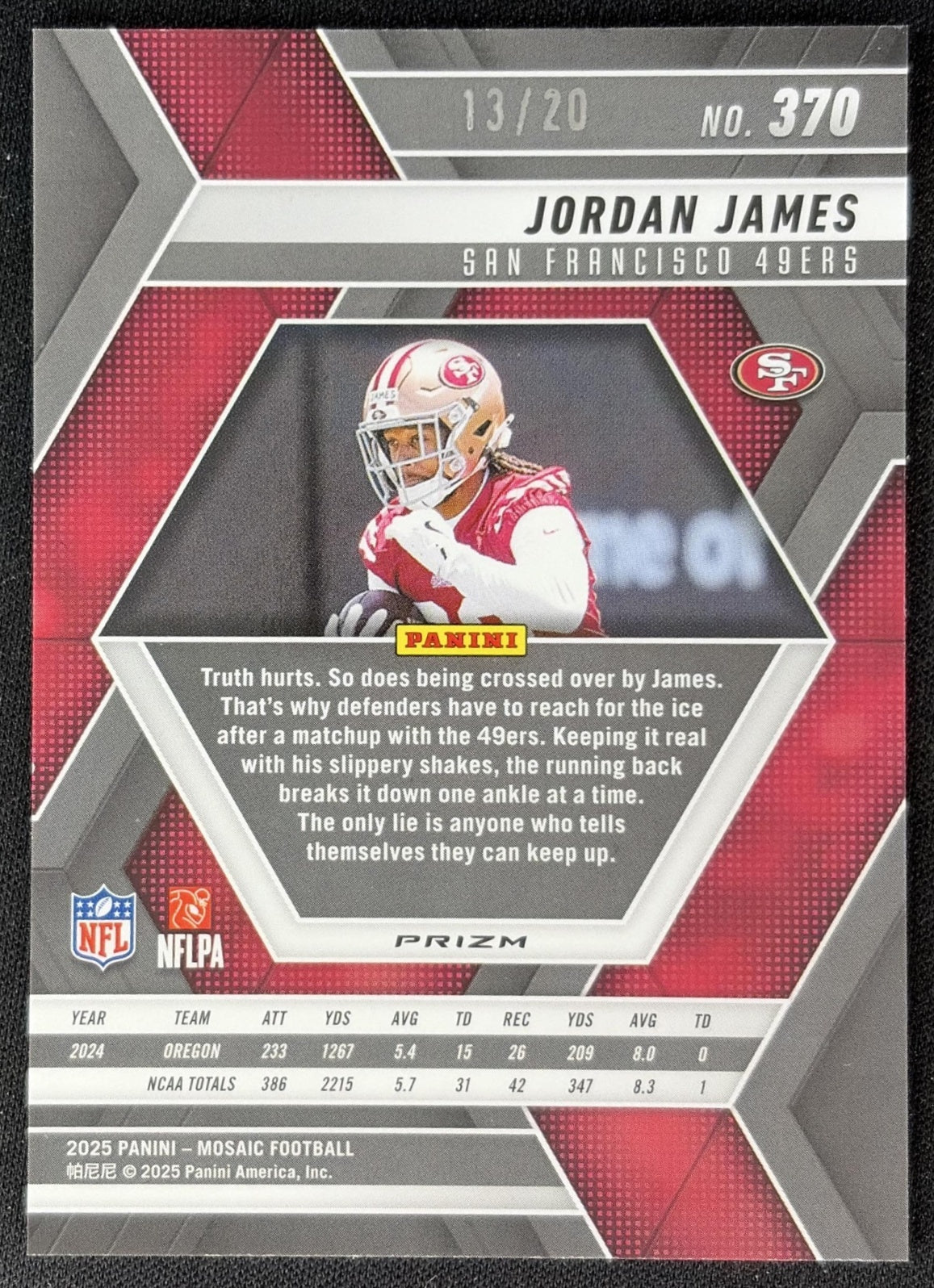 Jordan James 2025 Panini Mosaic Rookies No Huddle Pink Prizm /20 49ers Sports Trading Cards