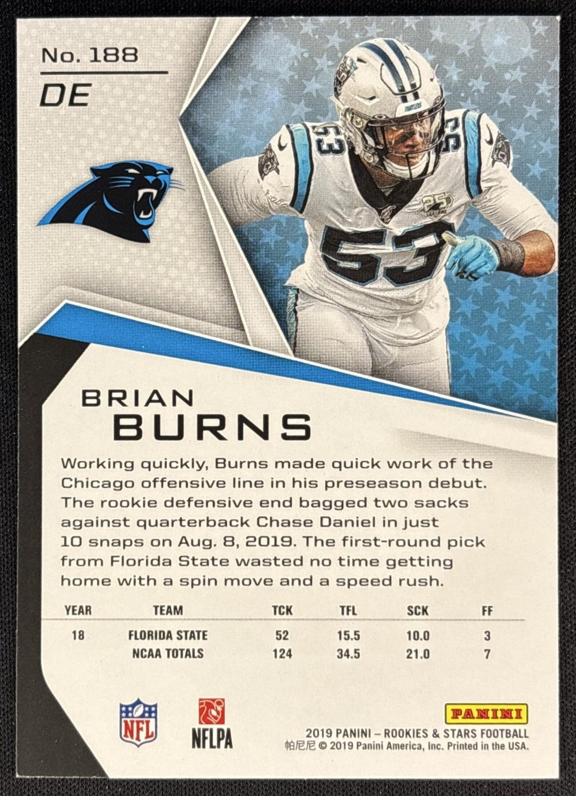 Brian Burns 2019 Panini Rookies & Stars Panthers back