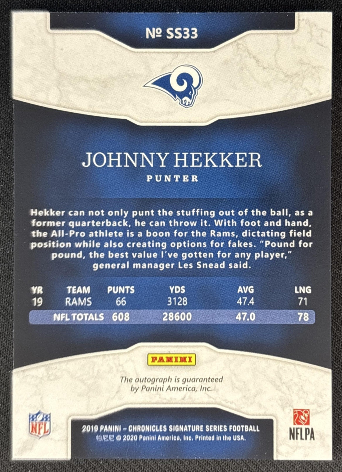 Johnny Hekker 2019 Panini Chronicles Signature Series /99 Rams Back