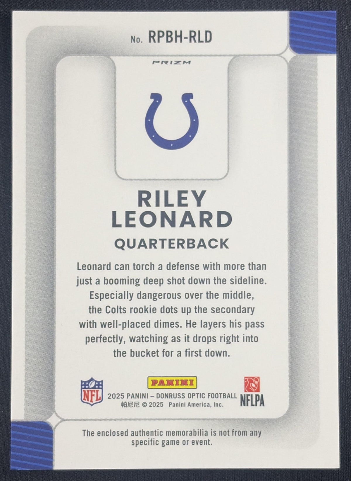 Riley Leonard 2025 Panini Donruss Optic Rookie Phenoms Blue Hyper Prizm Colts