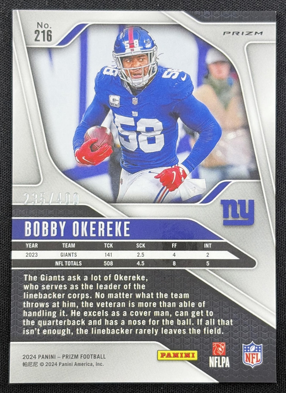 Bobby Okereke 2024 Panini Prizm Pandora /400 Giants back