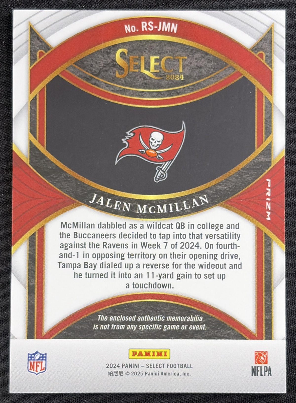 Jalen McMillan 2024 Panini Select Rookie Swatches Red Prizm Buccaneers Sports Trading Card