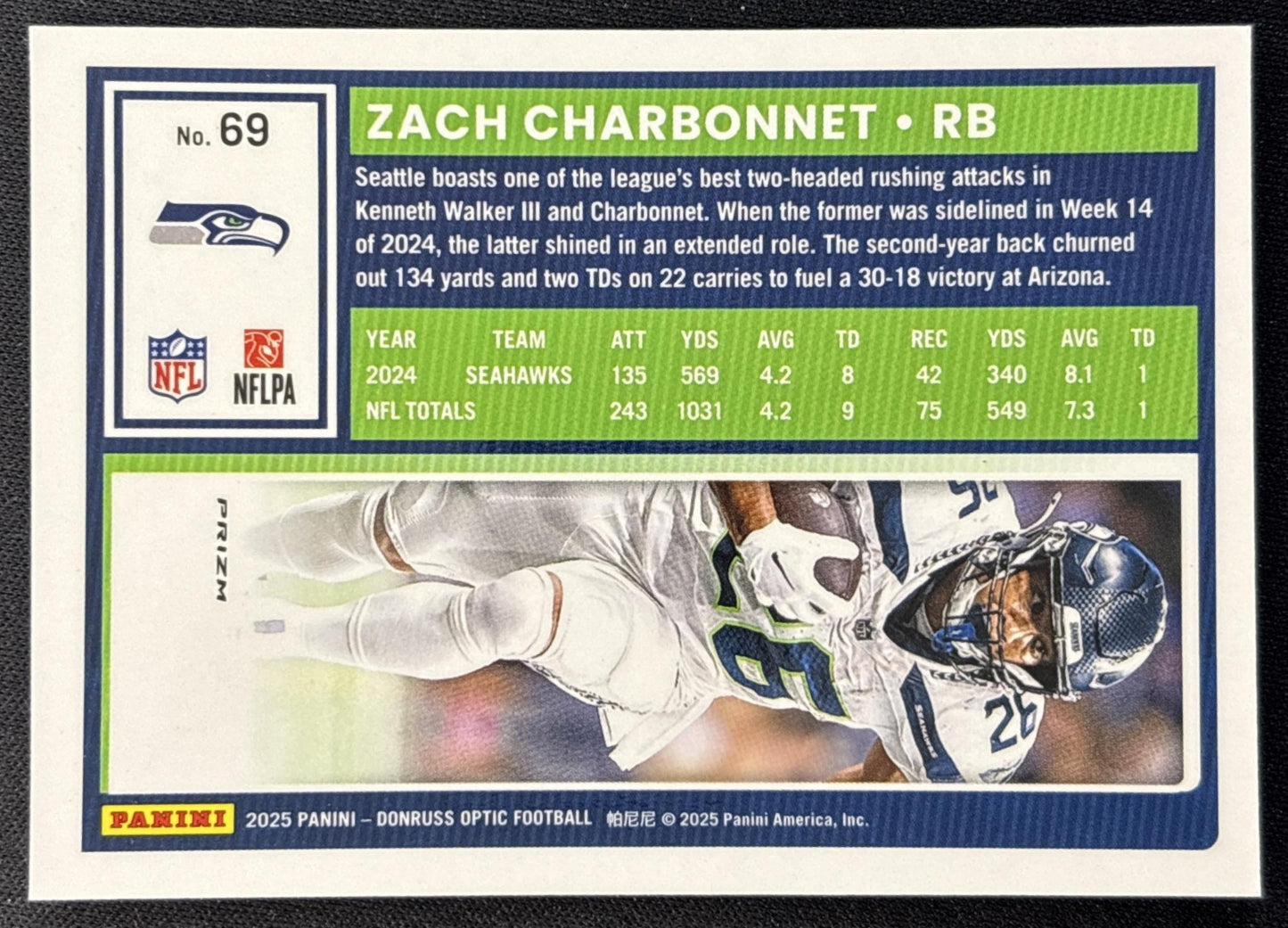 Zach Charbonnet 2025 Panini Donruss Optic Stars Prizm Seahawks back