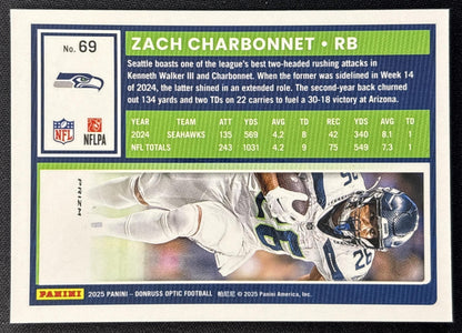 Zach Charbonnet 2025 Panini Donruss Optic Stars Prizm Seahawks back