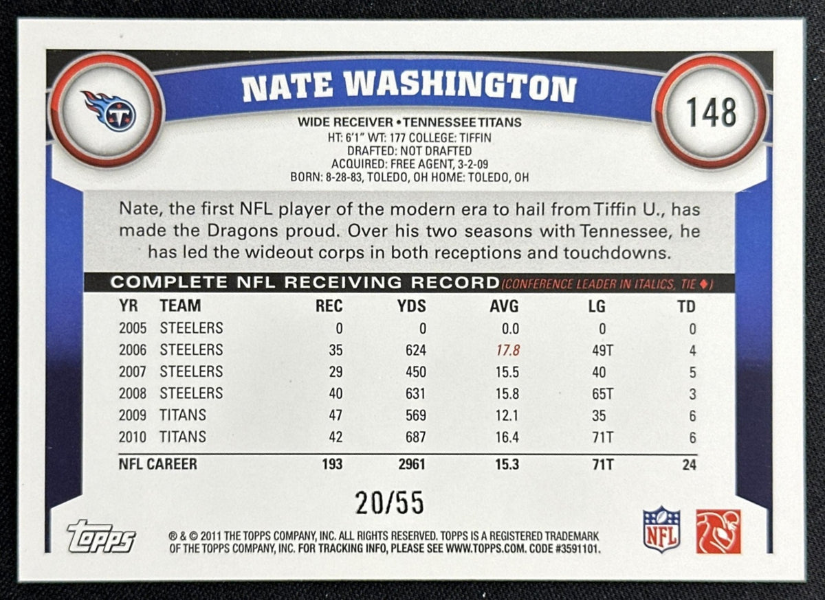 Nate Washington 2011 Topps Black /55 Titans Sports Trading Card