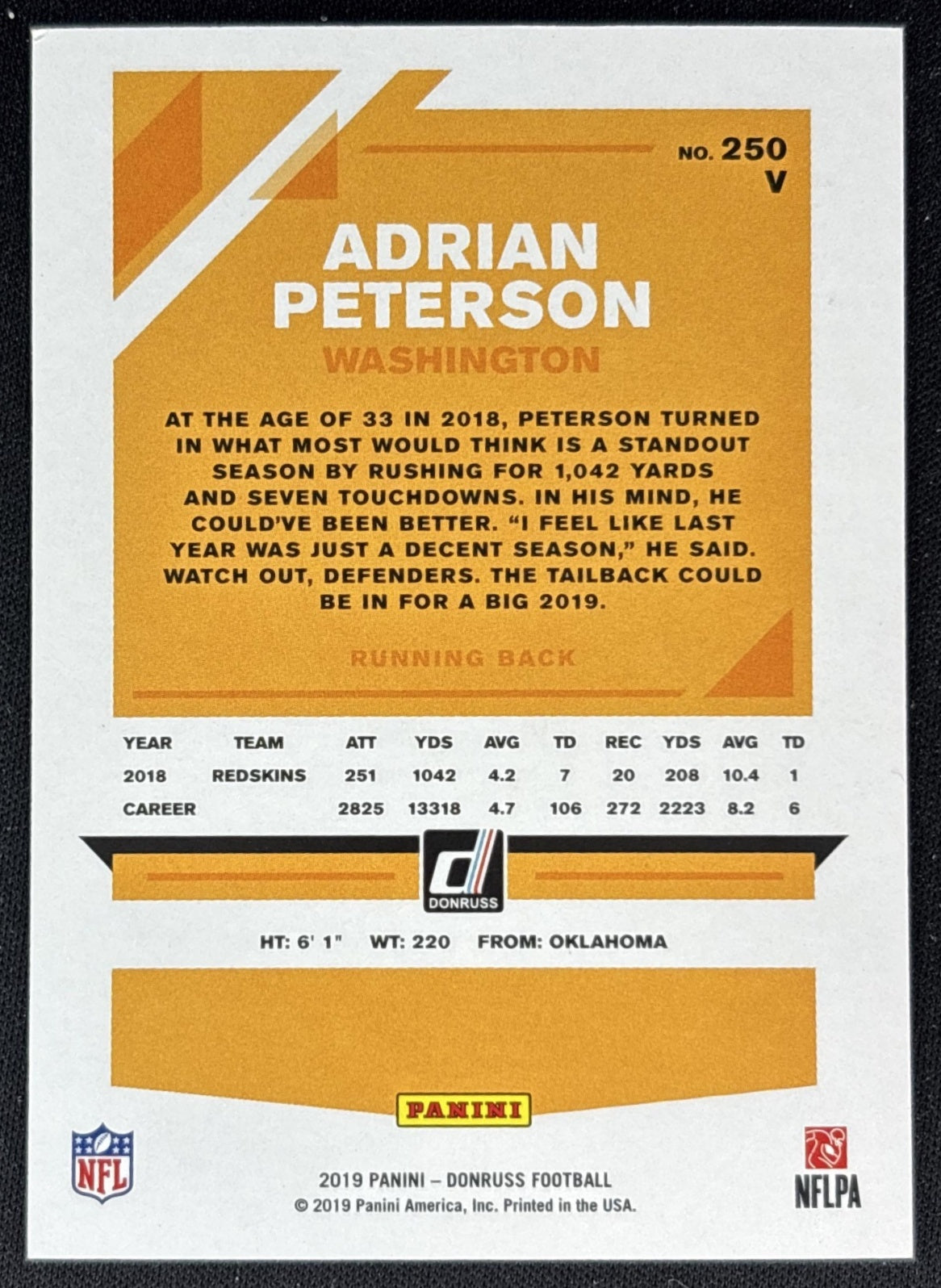 Adrian Peterson 2019 Panini Donruss Season Stat Line /500 Redskins back