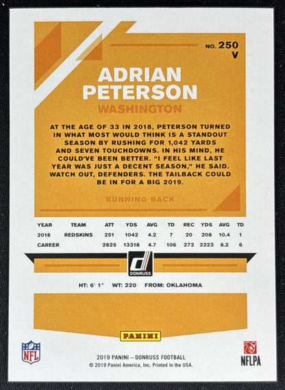 Adrian Peterson 2019 Panini Donruss Season Stat Line /500 Redskins back
