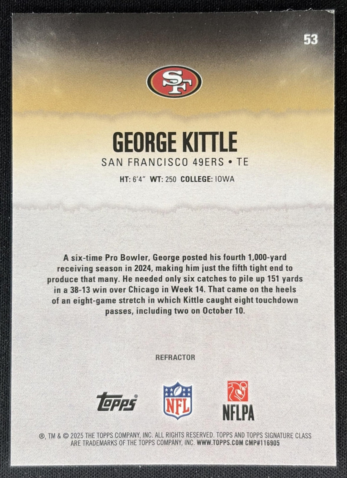George Kittle 2025 Topps Signature Class Chrome Veteran White Refractor 49ers