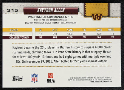 Kaytron Allen 2026 Topps Rainbow Foil Commanders back