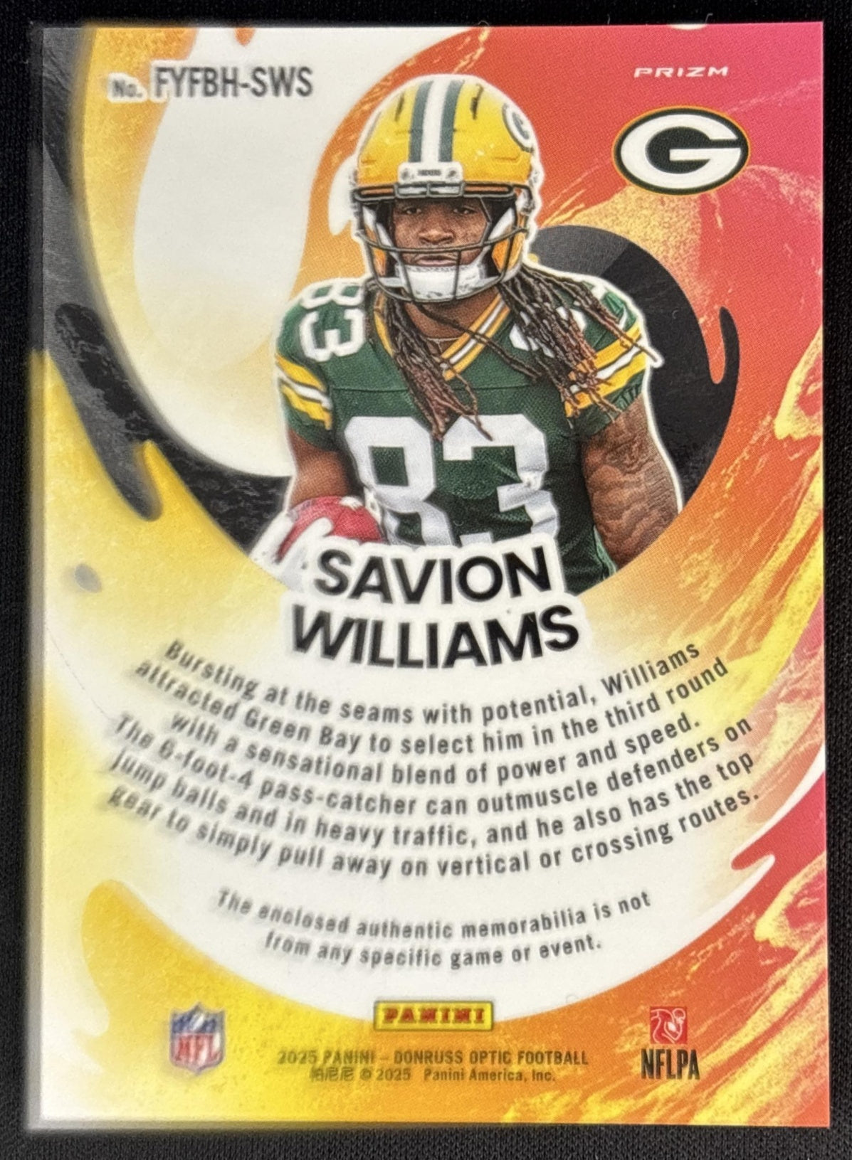 Savion Williams 2025 Donruss Optic First Year Fresh Blue Hyper Prizm Packers