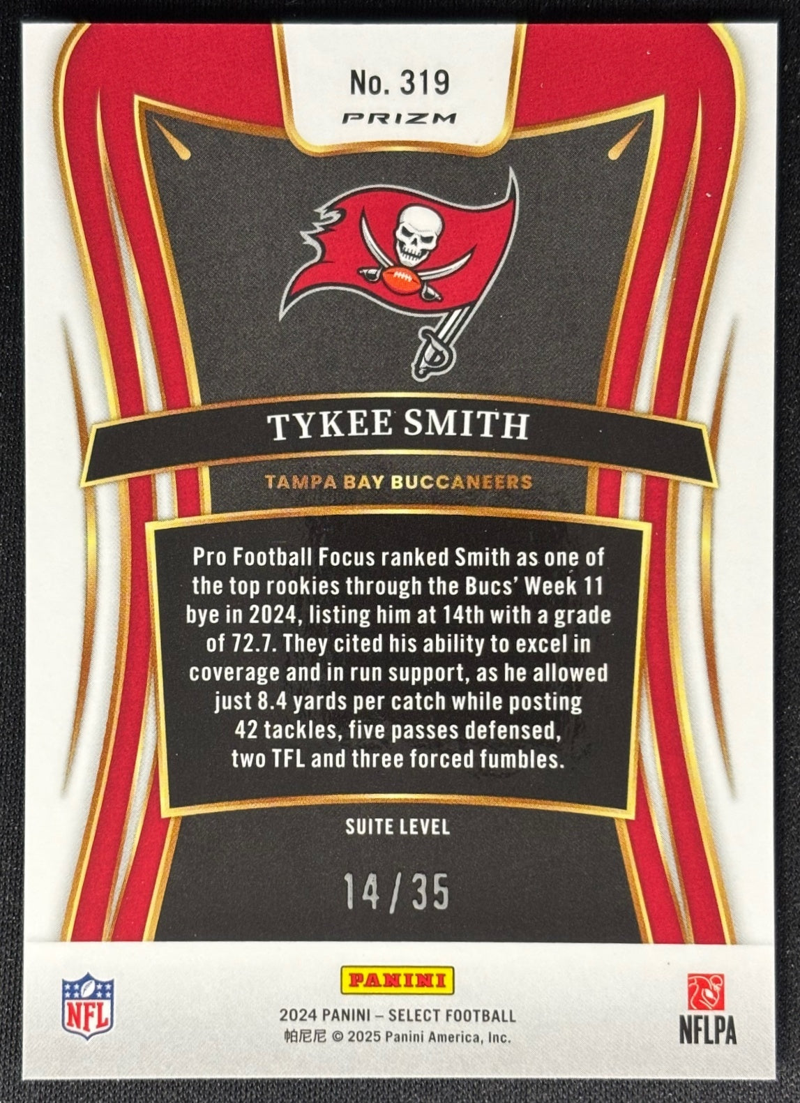 Tykee Smith 2024 Select Suite White Prizm /35 Buccaneers - Back