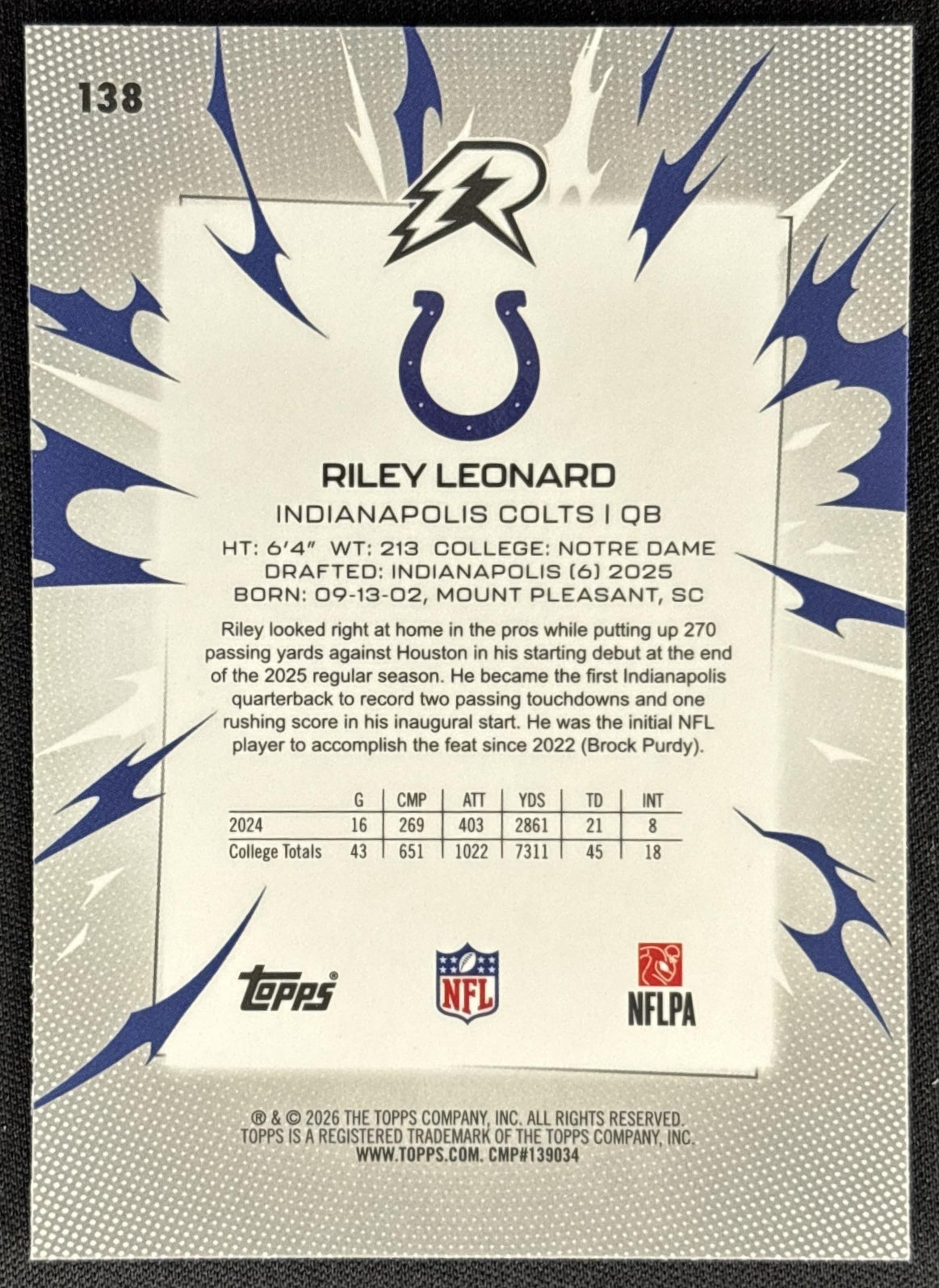 Riley Leonard 2025 Topps Resurgence Blue and Orange Spark Refractor Colts