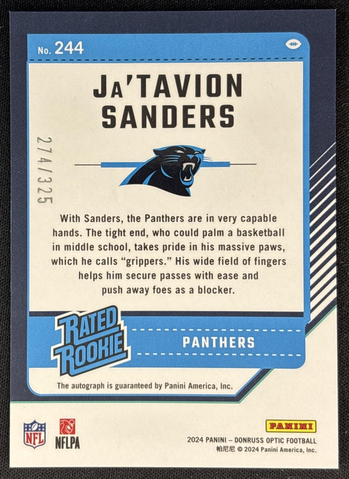 Ja'Tavion Sanders 2024 Panini Donruss Optic Rated Rookie RPS Auto /325 Panthers