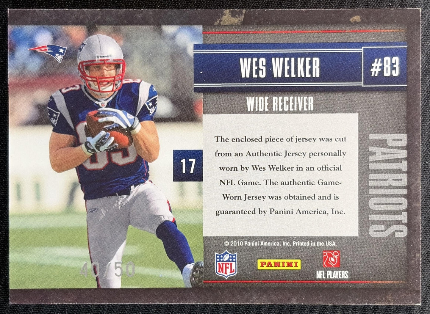 Wes Welker 2010 Panini Limited Team Trademarks Materials Prime /50 Patriots back