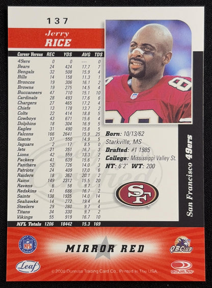 Jerry Rice 2000 Leaf Certified Mirror Red 49ers Sports Trading Card