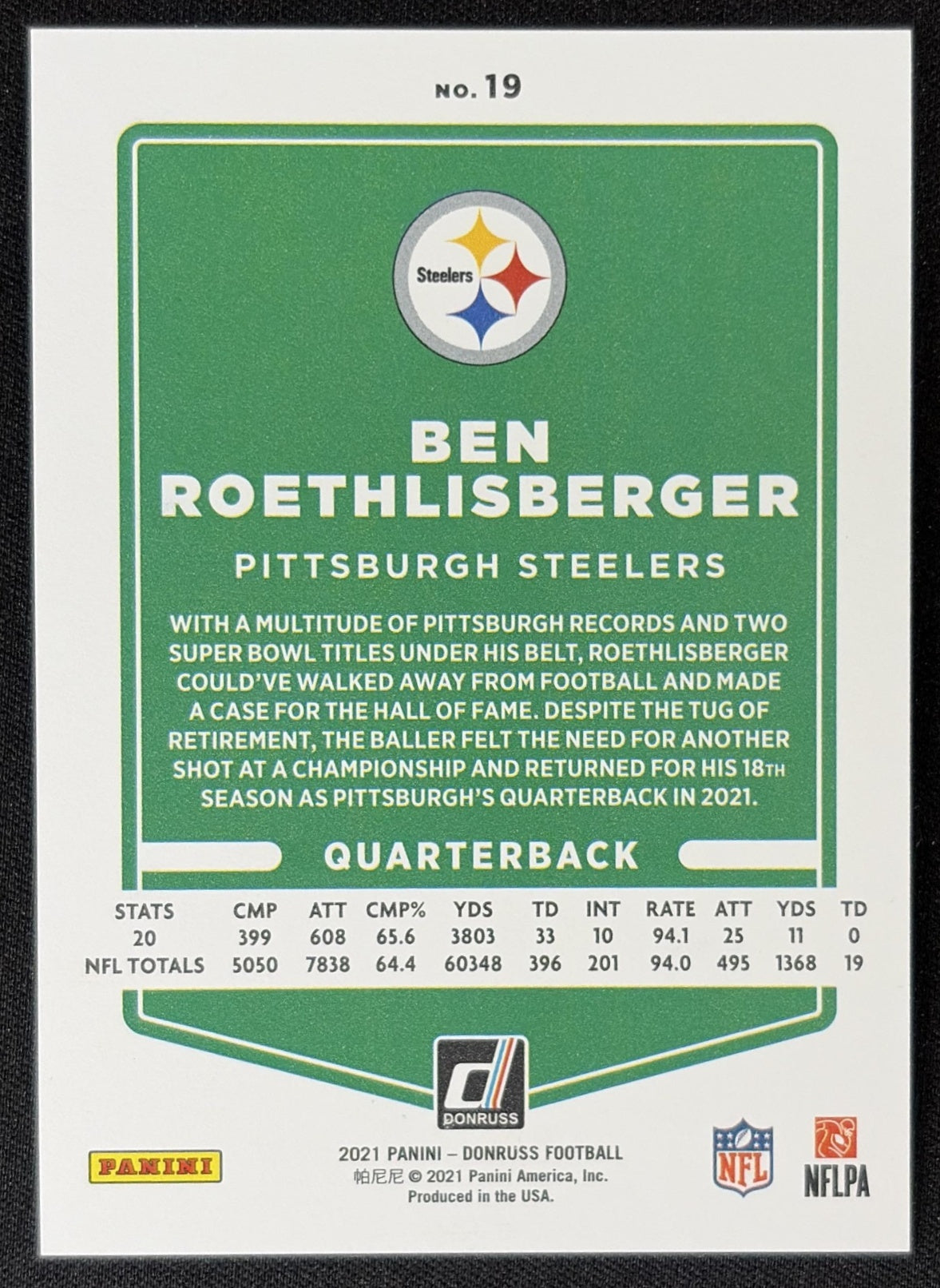 Ben Roethlisberger 2021 Panini Donruss Press Proof Premium Steelers - Pittsburgh Steelers