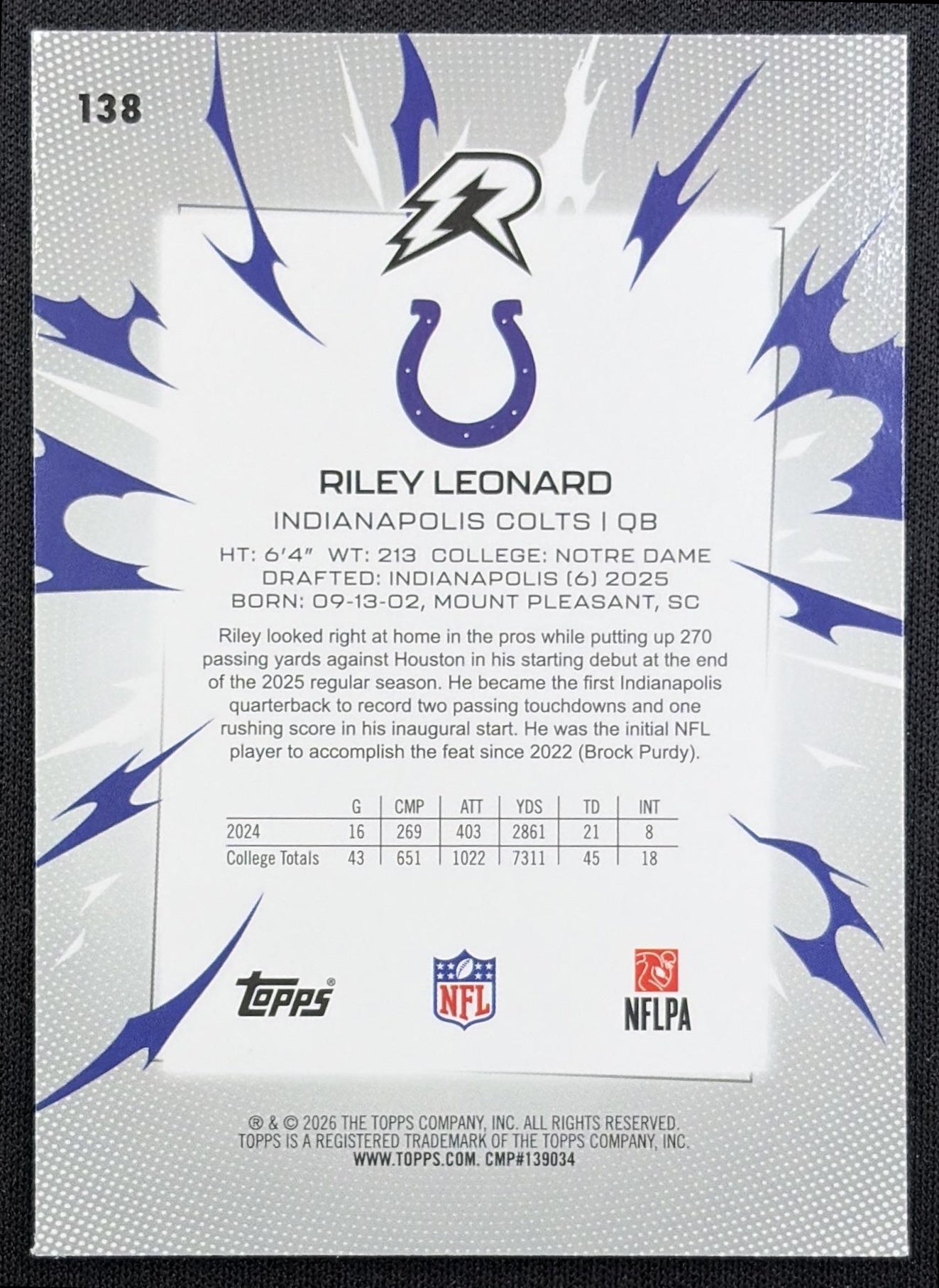 Riley Leonard 2025 Topps Resurgence Blue and Orange Spark Refractor Colts back
