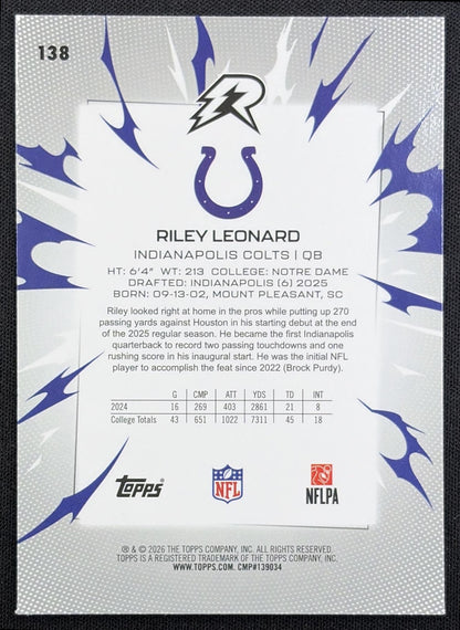 Riley Leonard 2025 Topps Resurgence Blue and Orange Spark Refractor Colts back