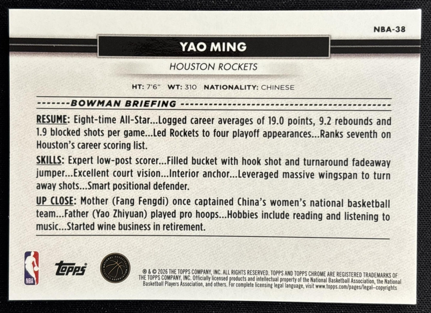 Yao Ming 2026 Topps NSCC Collection NBA Sports Trading Cards