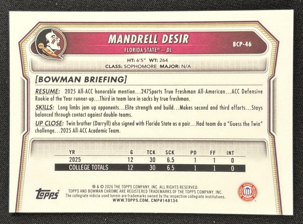 Mandrell Desir 2026 Bowman Chrome Prospects Mojo Refractor Seminoles
