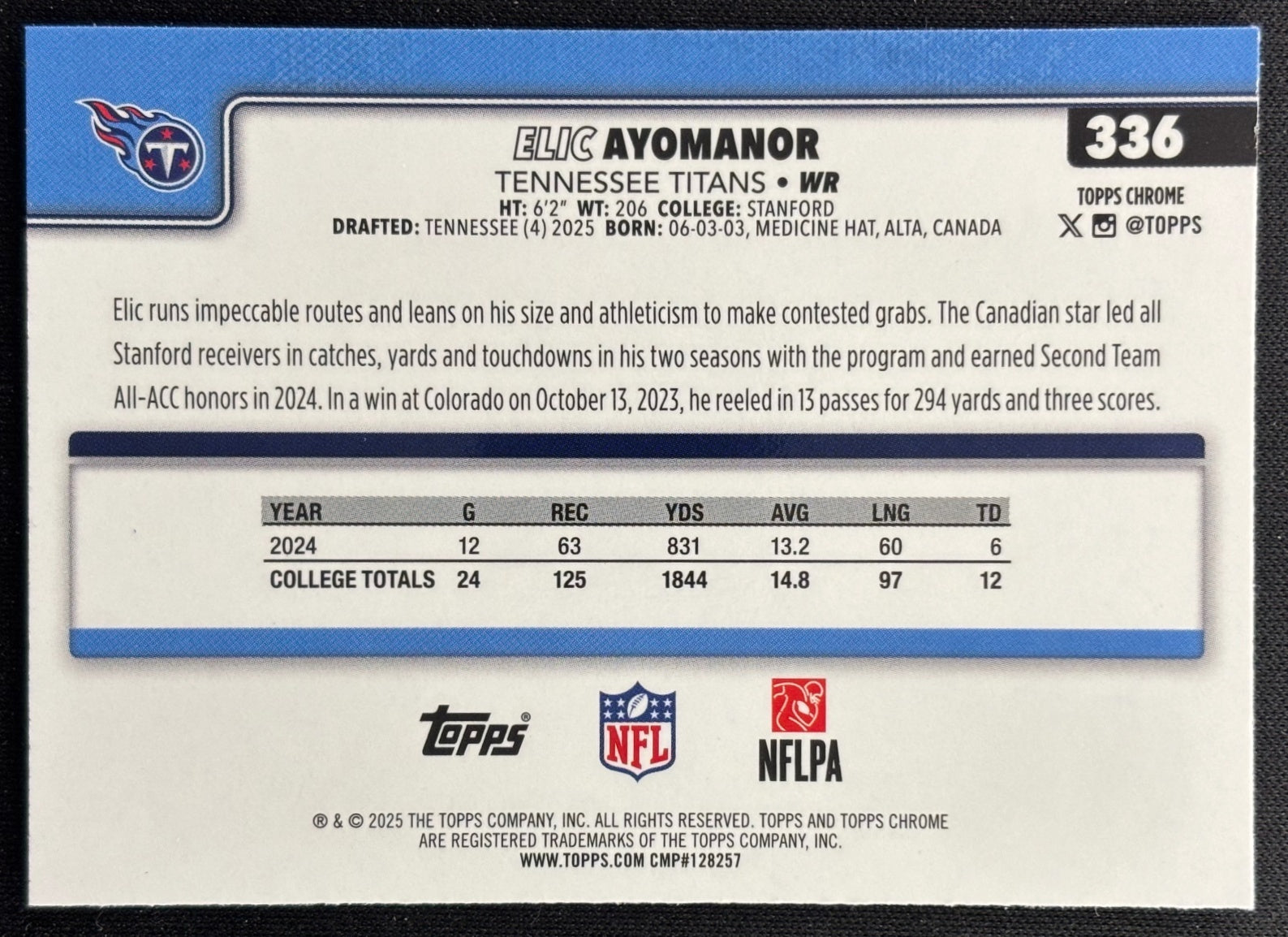 Elic Ayomanor 2025 Topps Chrome Rookie Red/White/Blue Refractor Titans Sports Trading Cards