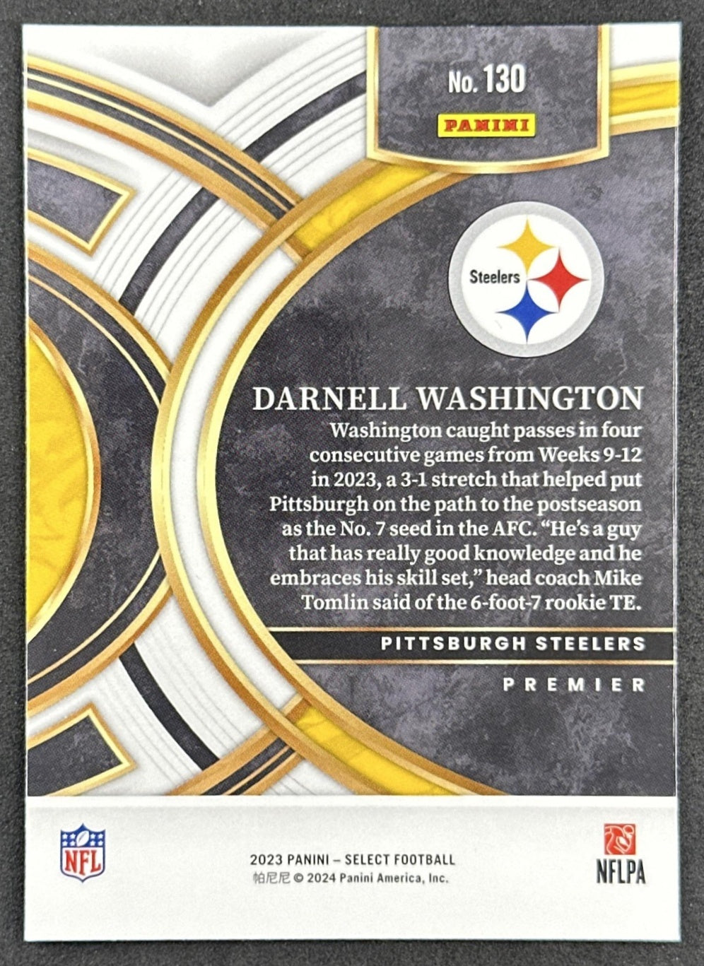 Darnell Washington 2024 Panini Select Premier Level Steelers back sports trading card