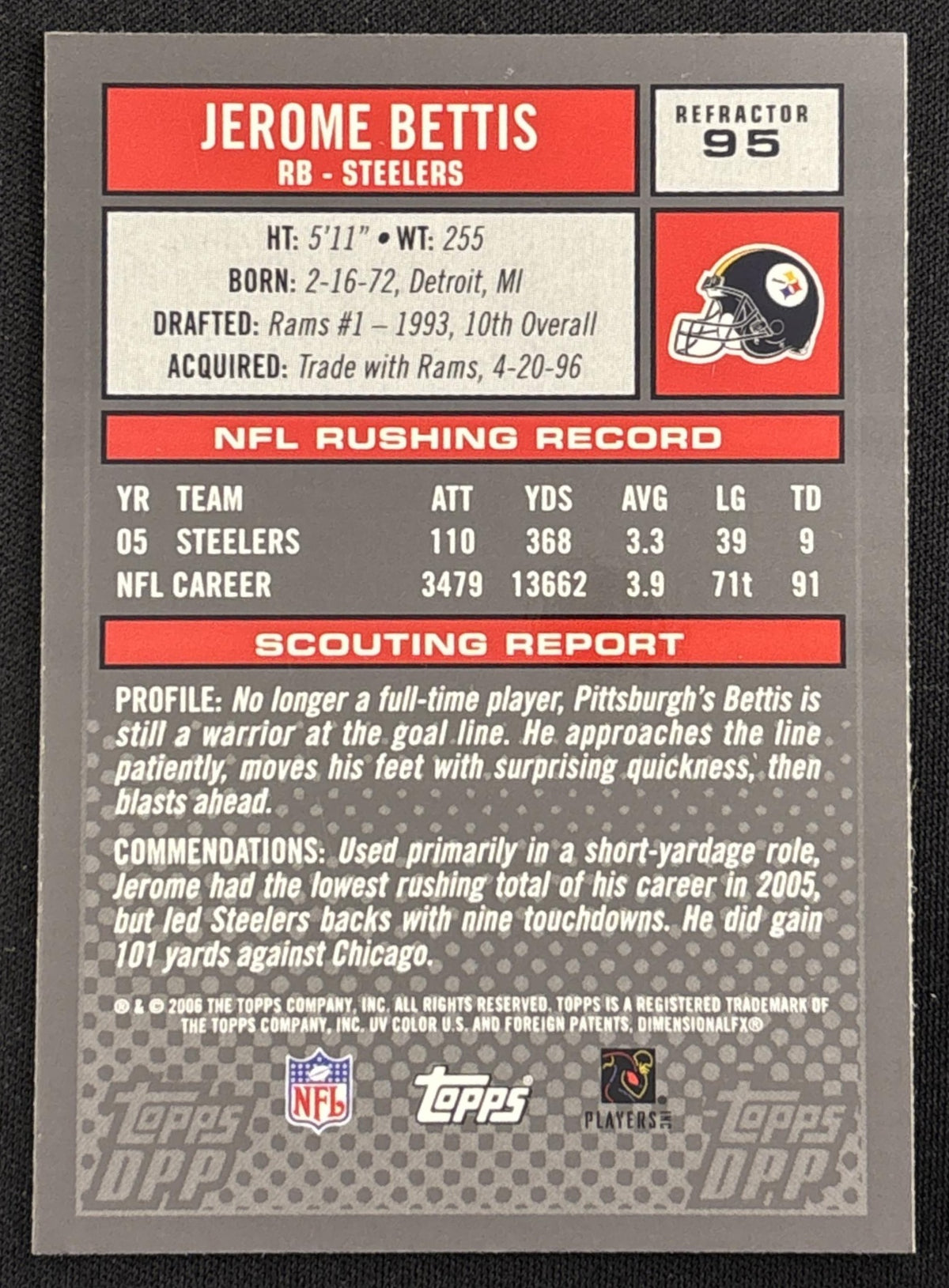 Jerome Bettis 2006 Topps Draft Picks & Prospects Refractor Steelers - Back