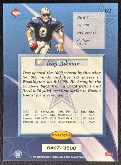 Troy Aikman 1999 Collector's Edge Masters HoloSilver /3500 Cowboys Sports Trading Card