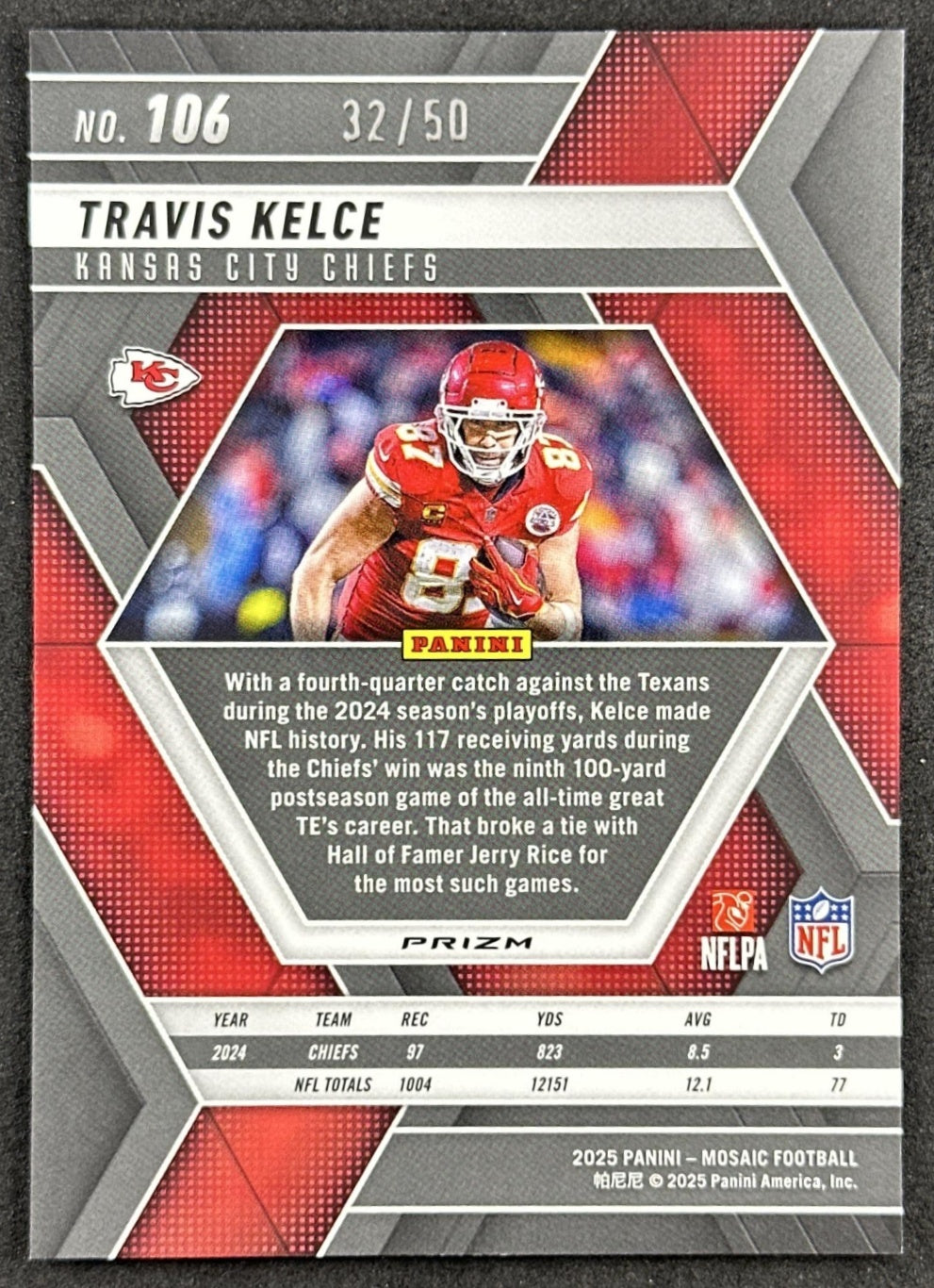Travis Kelce 2025 Panini Mosaic No Huddle Purple Prizm /50 Chiefs Sports Trading Cards