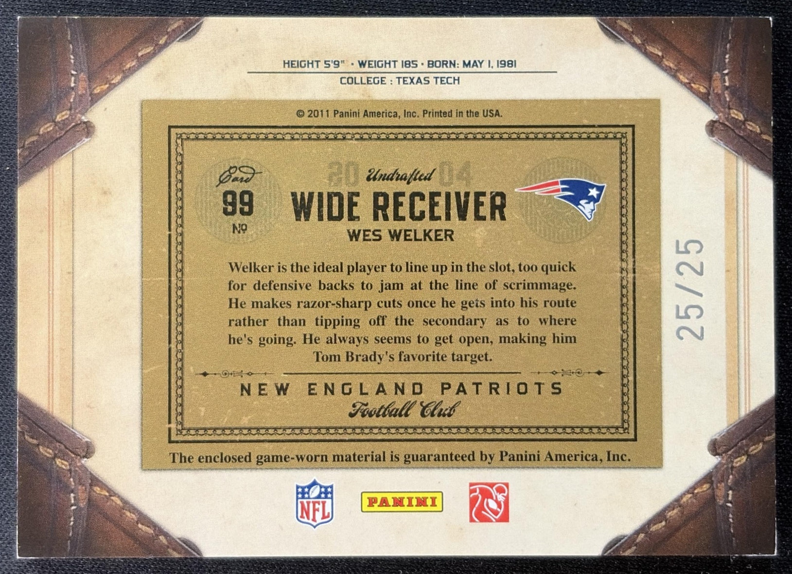 Wes Welker 2011 Panini Timeless Treasures Jerseys Prime /25 Patriots back