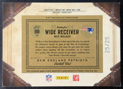 Wes Welker 2011 Panini Timeless Treasures Jerseys Prime /25 Patriots back