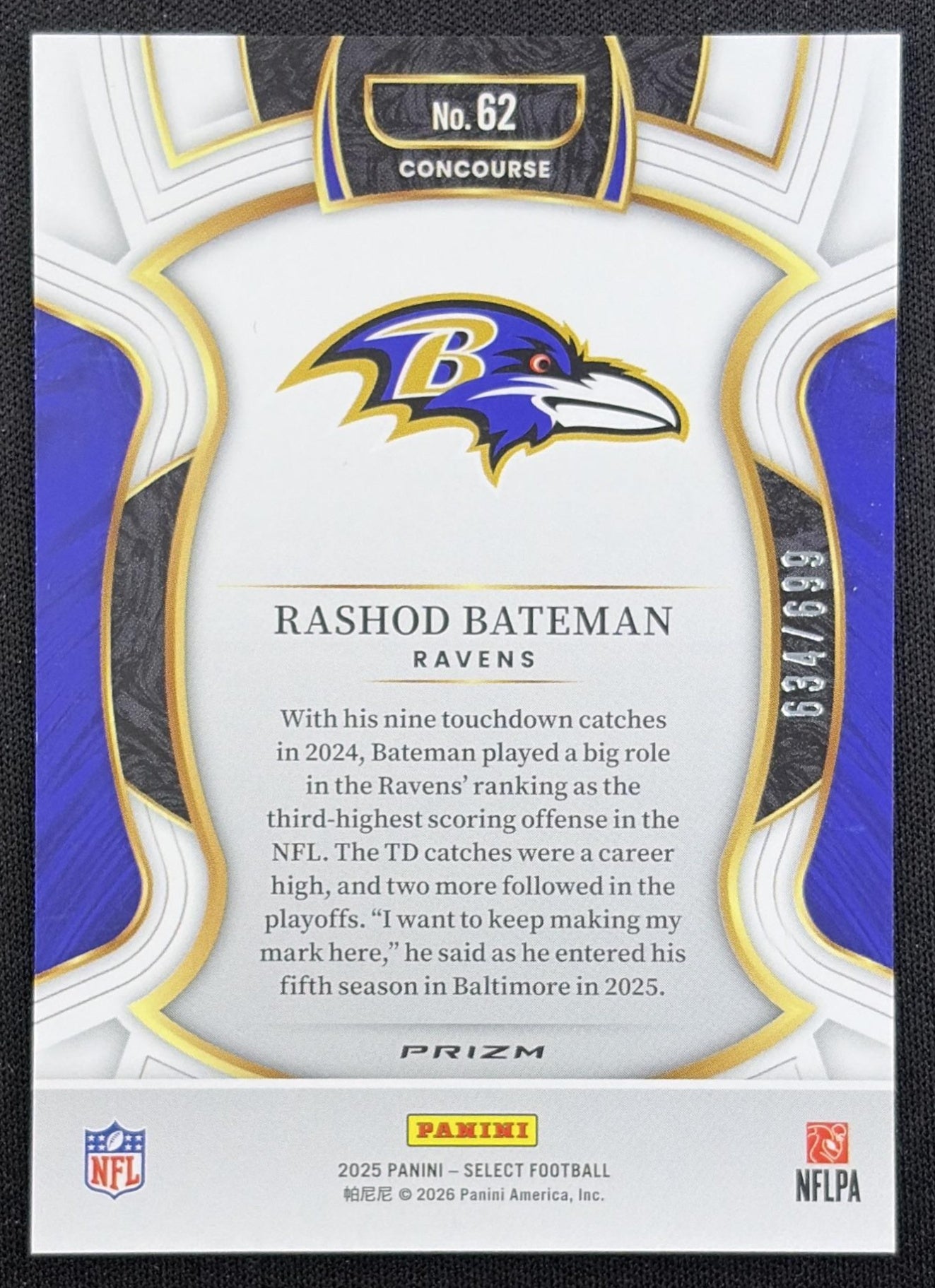 Rashod Bateman 2025 Panini Select Concourse Purple Prizm Shock /699 Ravens