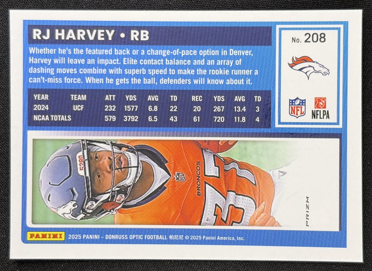 RJ Harvey 2025 Panini Donruss Optic Rated Rookie Purple Shock Prizm Broncos - Back