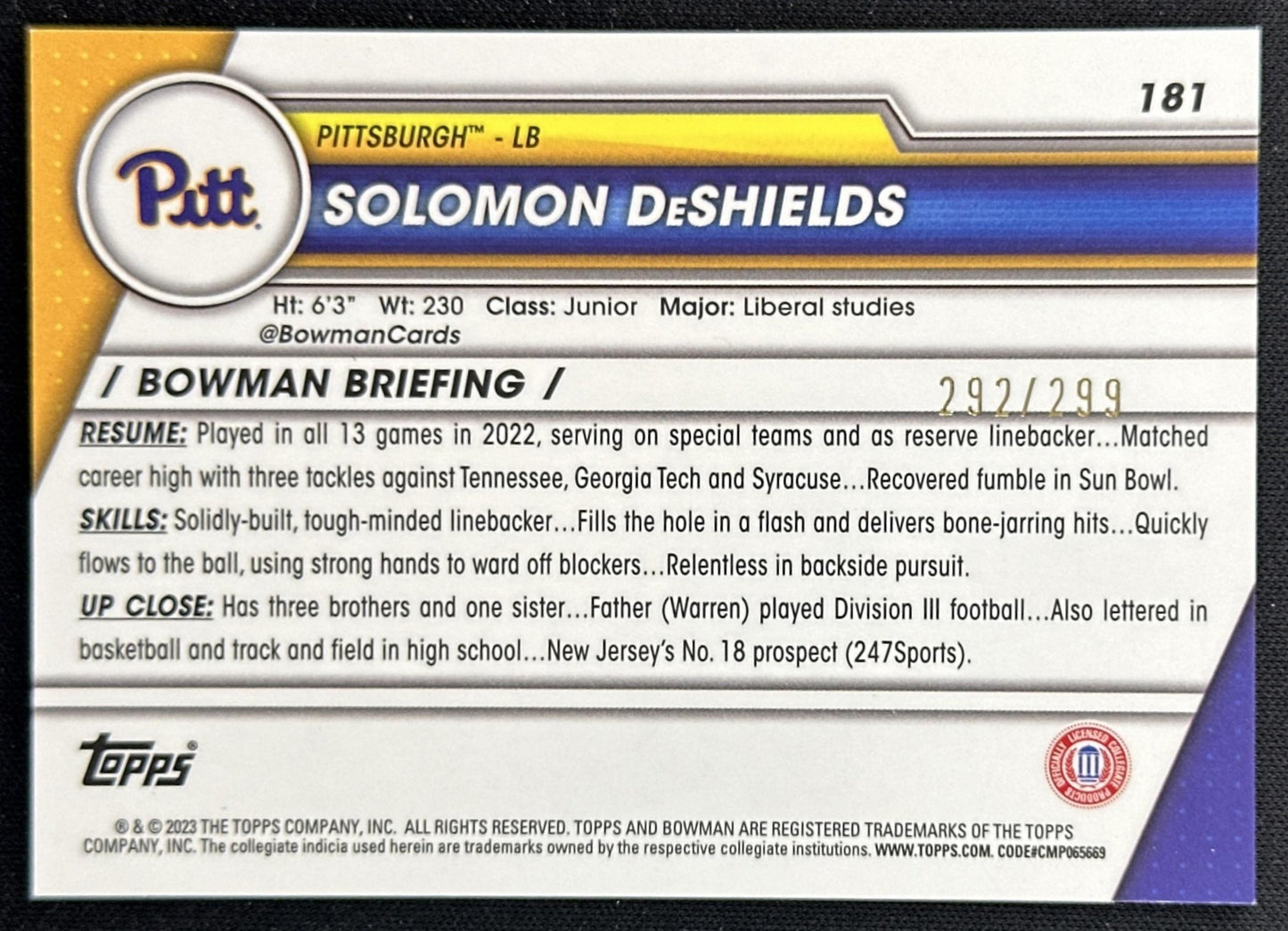 Solomon DeShields 2023 Bowman University Chrome Aqua Refractor /299 back