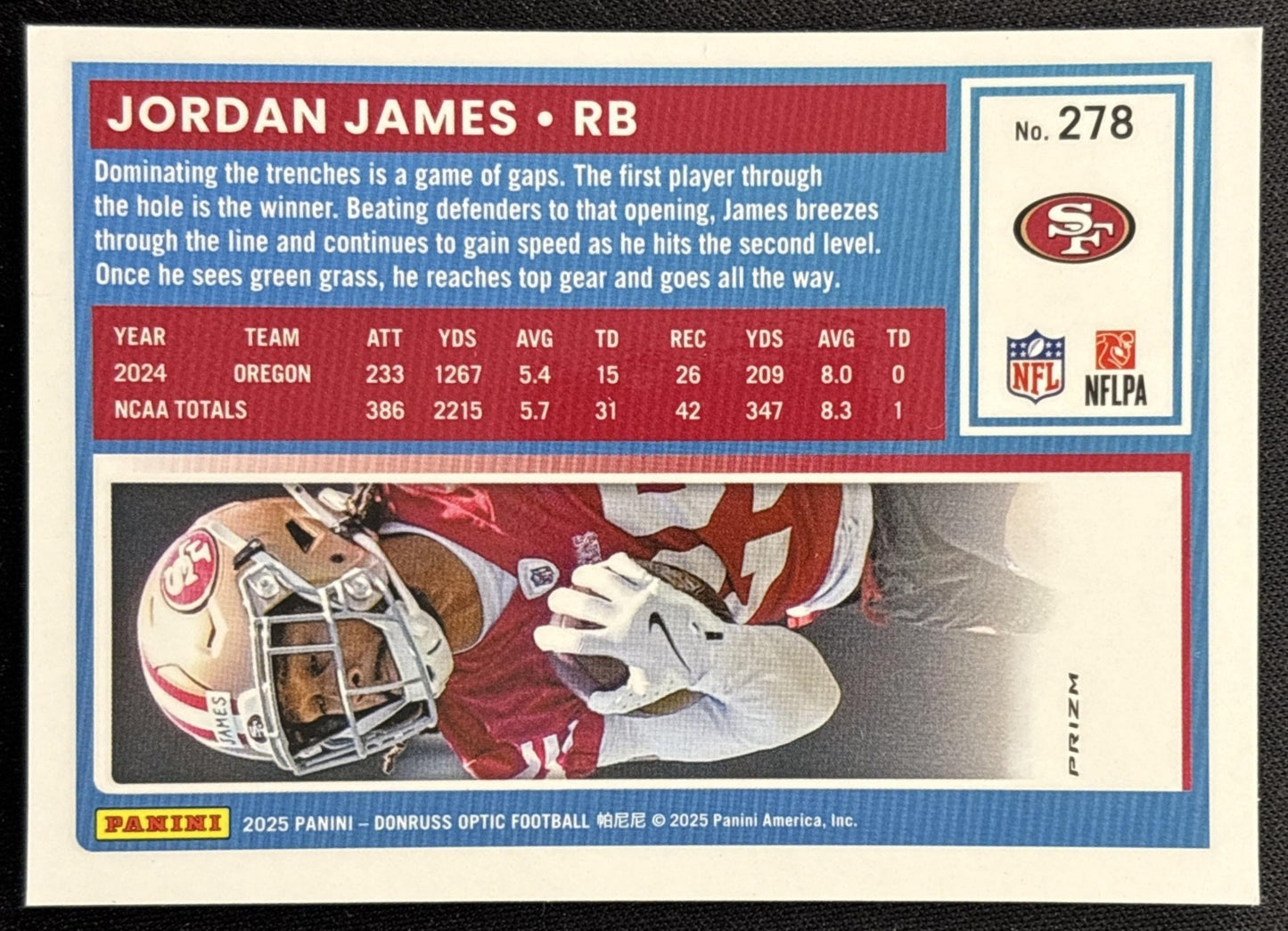 Jordan James 2025 Panini Donruss Optic Rated Rookie Green Hyper Prizm 49ers back