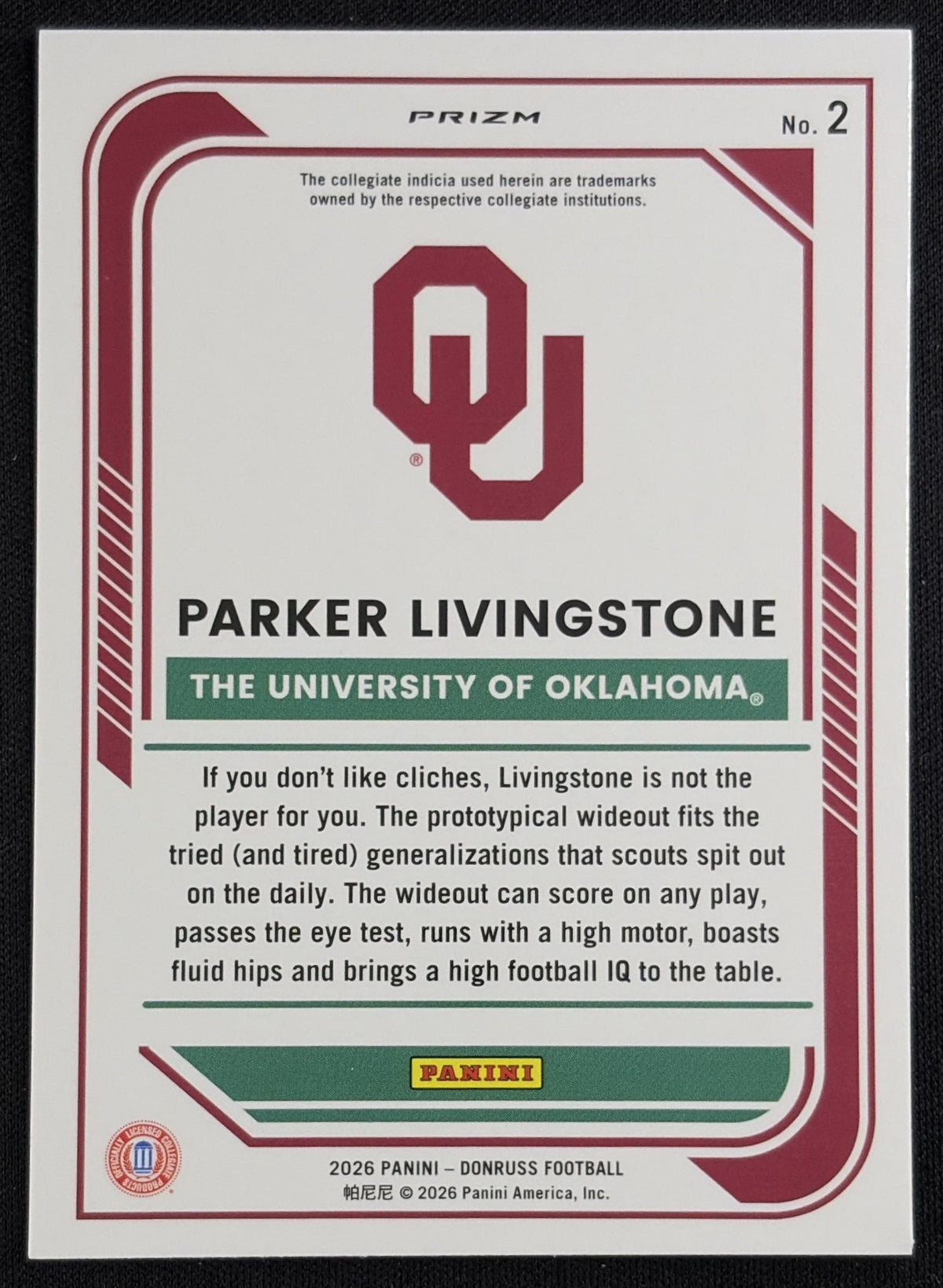 Parker Livingstone 2026 Panini Donruss Holo Sooners