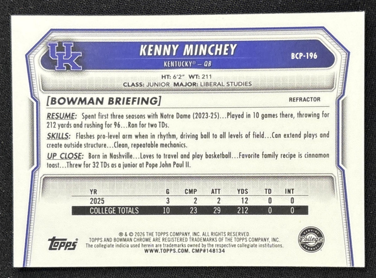 Kenny Minchey 2026 Bowman Chrome Prospects Refractor /499 Wildcats